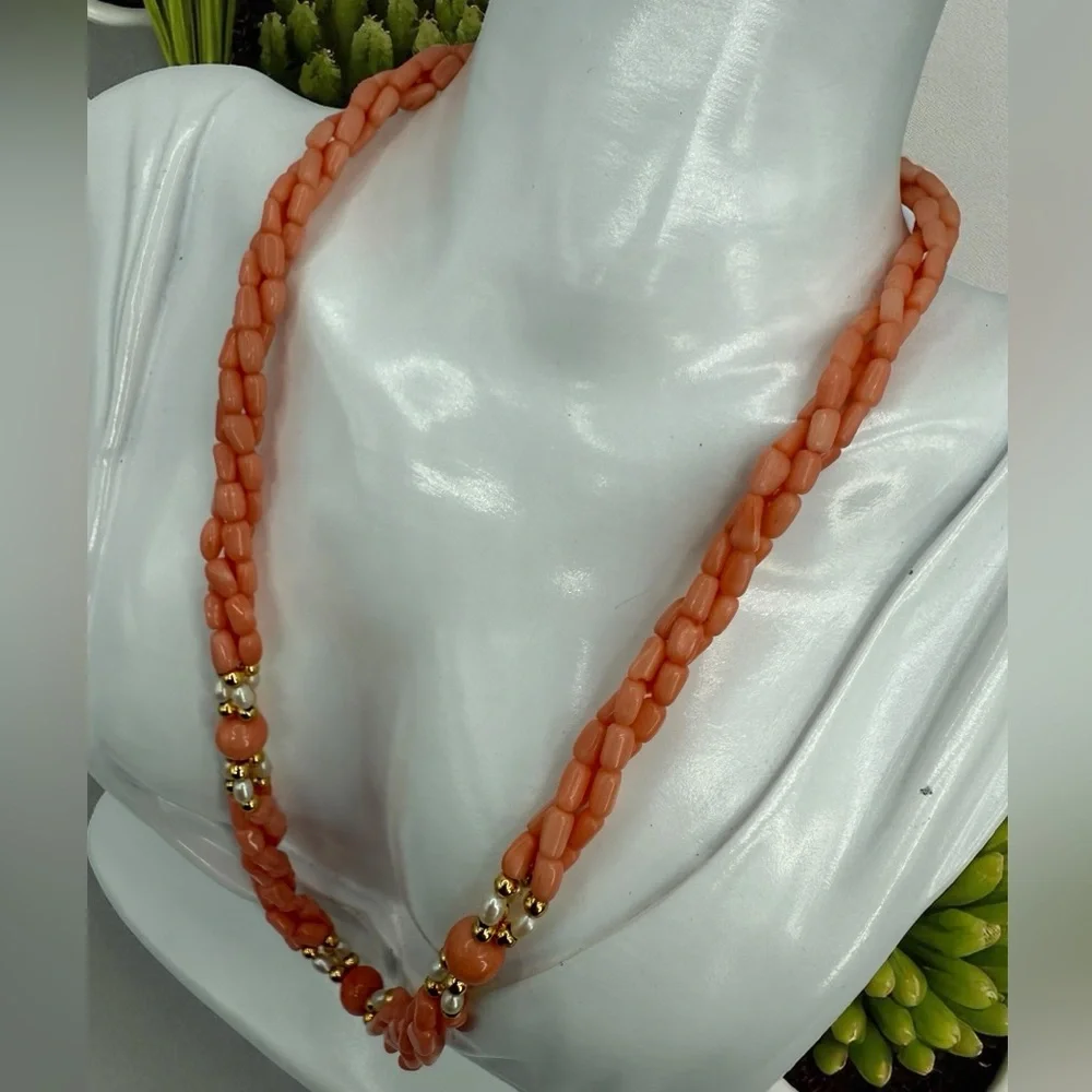 Vintage Angel Skin Coral & Freshwater Pearl 18” 3 Strand Twist Bead Gold Accents